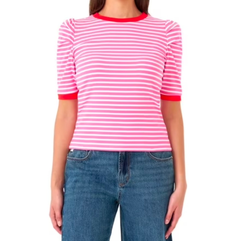 Rebecca Minkoff puff sleeve top shirt pink red white stripe size XXL
